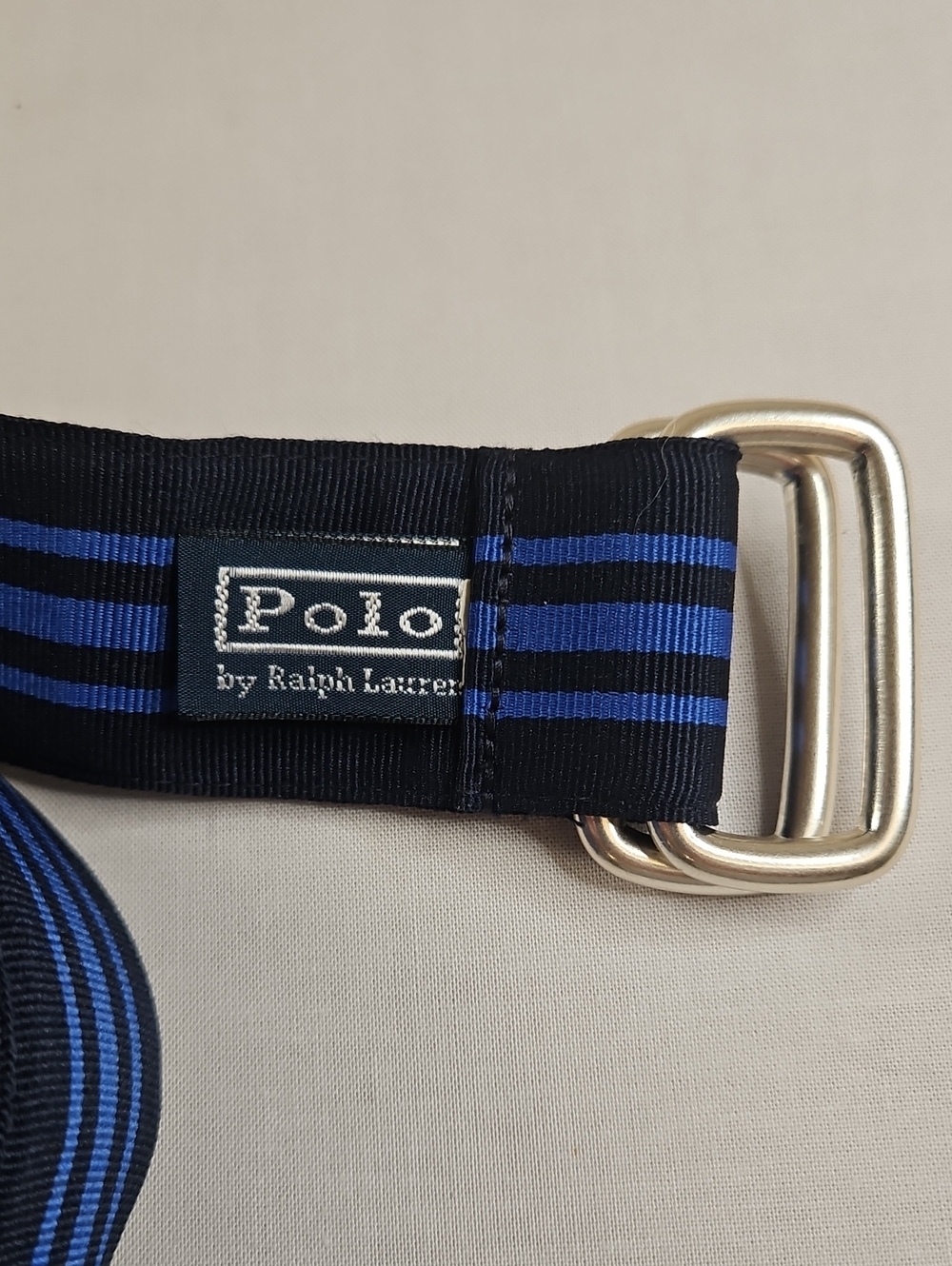 Polo Ralph Lauren Dark Navy Striped Belt With Silvertone Square Buckles